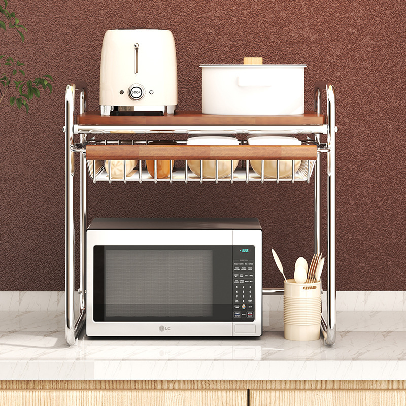 中世スタイルの電子レンジ収納ラック二層キッチン炊飯器収納ラック家庭用カウンタートップオーブン収納ラック|undefined