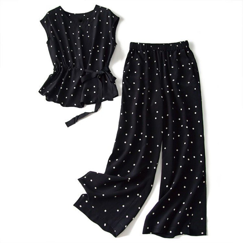 2023 Summer New Fashion Chiffon Two-piece Set Waist Slimming Slimming Polka Dot Top Wide Leg Pants Set