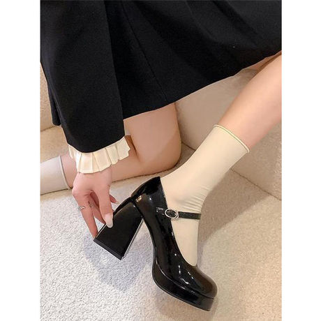 Black Stilettos Mary Jane Shoes with Skirt, Waterproof Platform, Not Tiring Feet