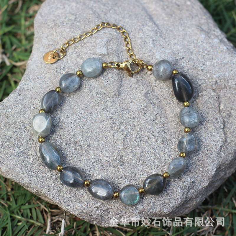 Cross-Border Natural Stone Glitter Stone Bracelet, Elongated Lime Moonstone Stainless Steel Lobster Clasp Crystal Jewelry
