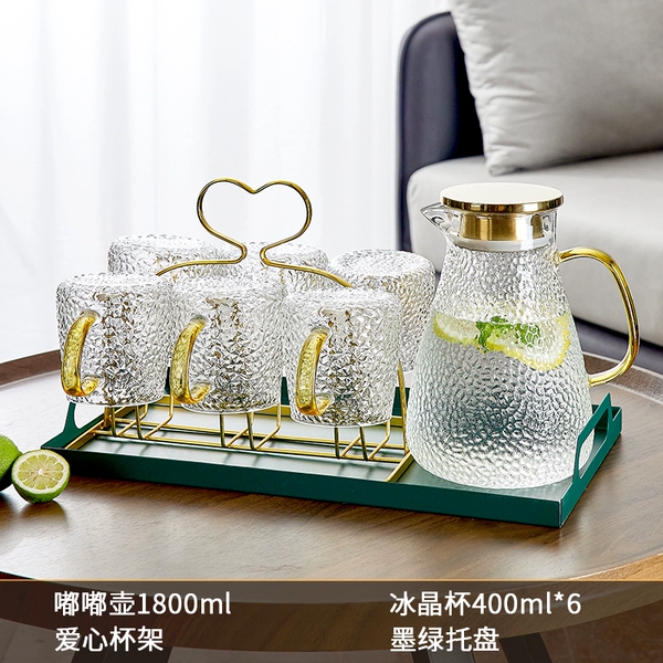 [嘟嘟壶1800ML+冰晶杯6只+爱心杯架+墨绿托盘]