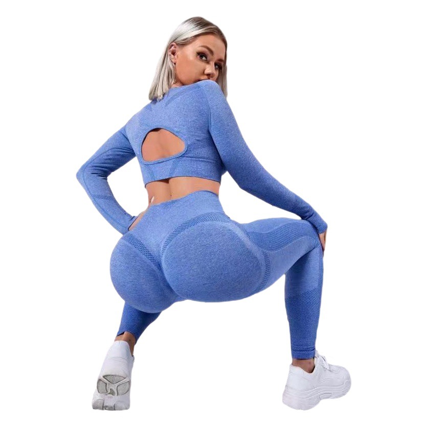 Nuevo europeo y americano transfronterizo sin costuras de alta cintura melocotón cadera apretado estiramiento ropa de yoga traje de correr fitness conjunto de dos piezas para las mujeres