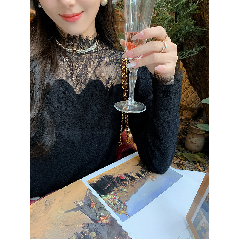 鱼兔子的兔子蕾丝拼接水貂毛毛衣女2025年秋冬白色上衣内搭打底衫|undefined