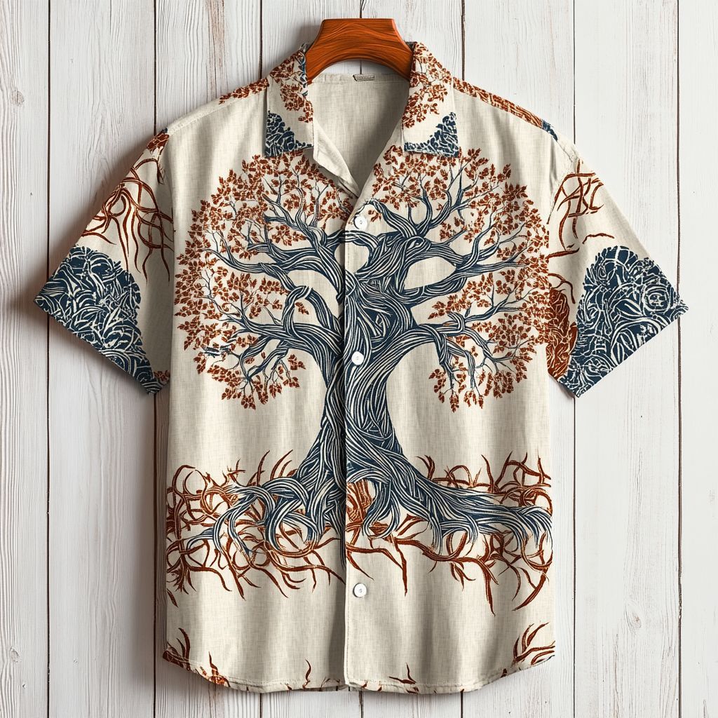 Independent Station European and American Summer Men's Short-Sleeved Shirt 3D Digital Abstract Retro Printed Linen Cardigan