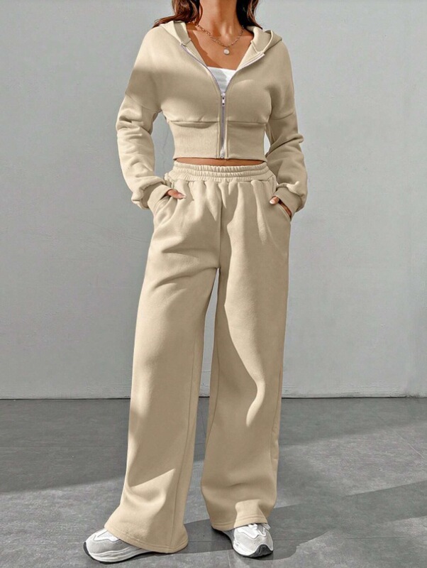 2025 ヨーロッパとアメリカンスタイルの女性の新しいカジュアルファッションフード付き長袖ジッパーカーディガンスウェットシャツスポーツ 2 点セット|undefined