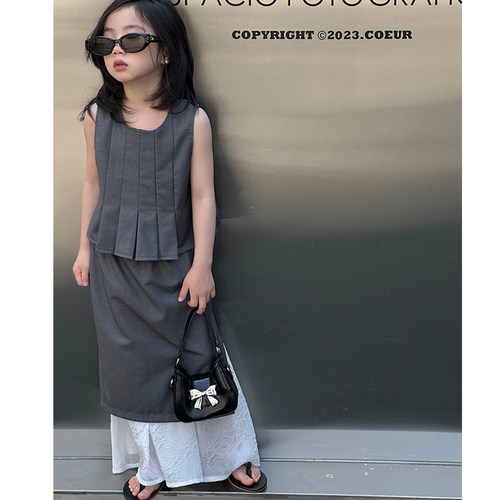 Children's Set 2024 Summer New Korean Style Unique Design Sleeveless Top Contrast Color Long Dress Trendy Dropshipping One Piece
