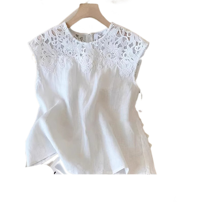 フレンチレトロリネンベスト Tシャツ女性のための 2025 夏ルーズヘビー刺繍中空レースコットンとリネンノースリーブトップ|undefined