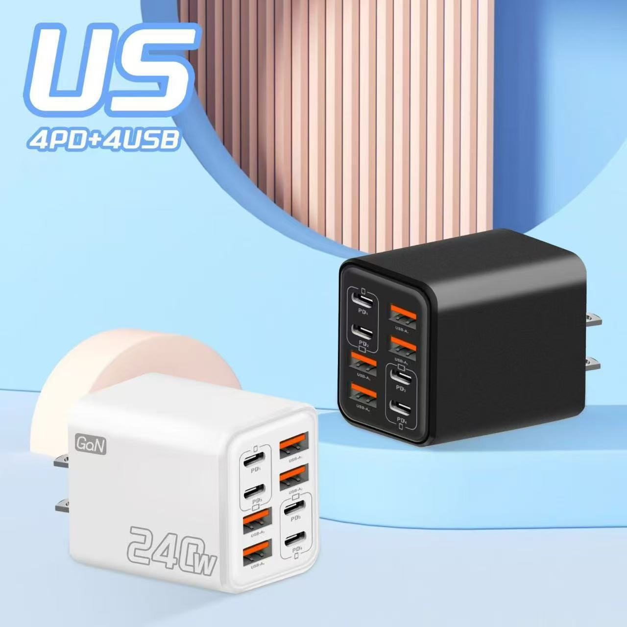 240W Multi-Port Charger Pd Mobile Phone Plug 4Usb-4Type-C Charging Head European and American British Standard Power Adapter