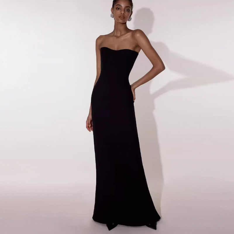 Amazon Cross-border European and American Black Slim Dinner Annual Meeting Women's Light Luxury Dress Long Elegant Strapless dress