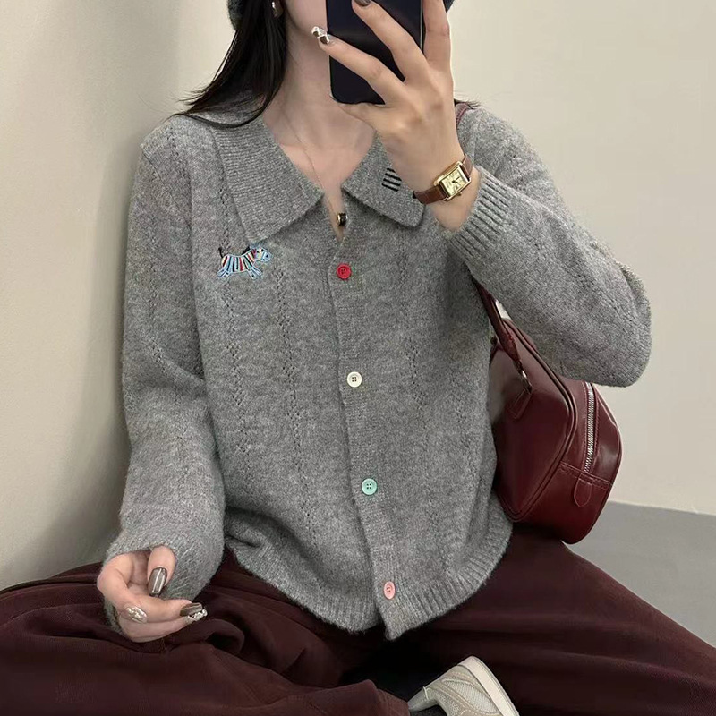 刺绣翻领针织开衫外套女2025春秋新款设计感洋气宽松外搭镂空毛衣|undefined