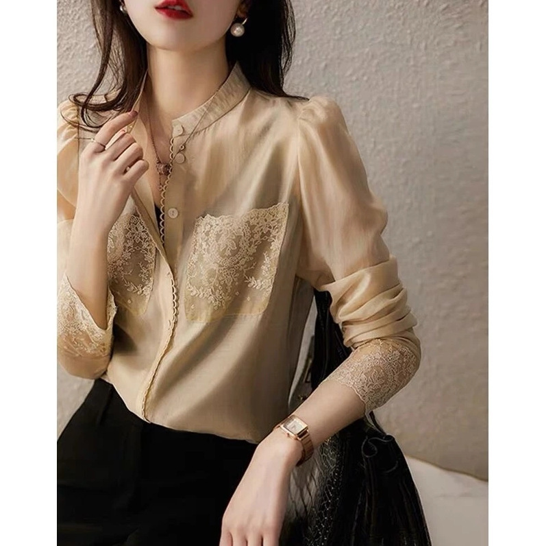 Áo sơ mi nữ tay dài chất liệu lụa pha linen, thêu túi phong cách Pháp — đen chi tiết 1