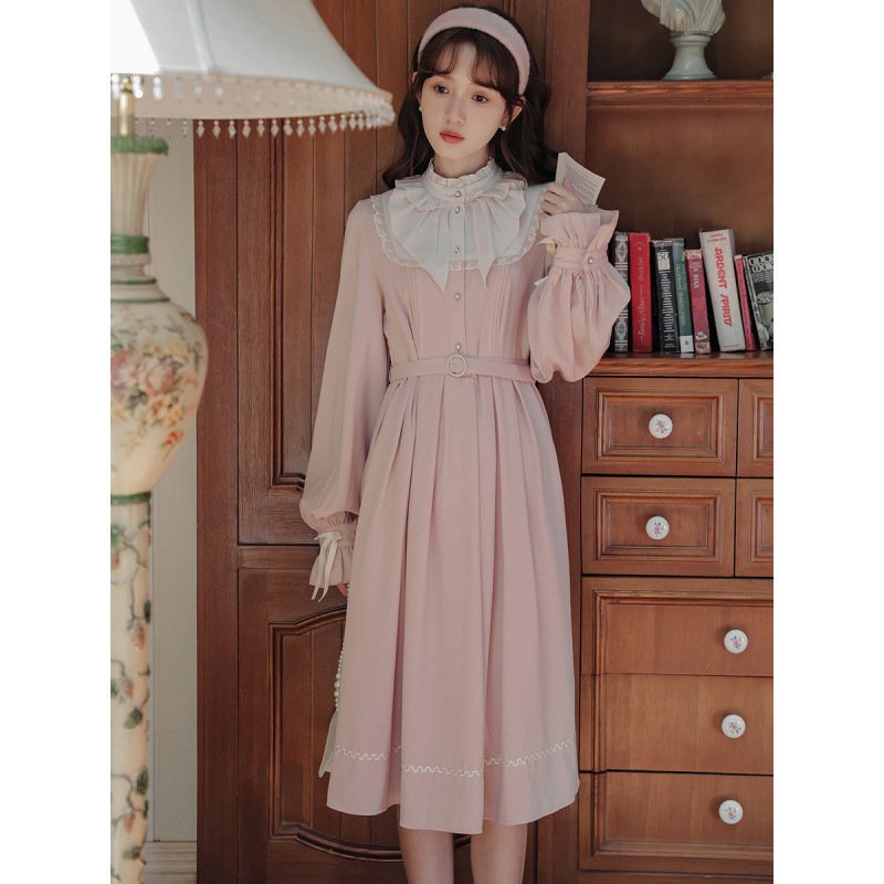 French-Style Court Pink Stand-Collar Dress for Women, 2026 New Model, High-End Waist-Cinching Elegant Princess Dress with a Rich Lady Vibe