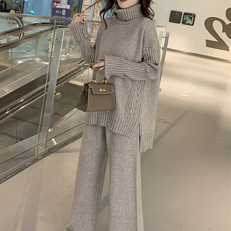 2025年秋冬新款慵懒风宽松高领毛衣套装女洋气时髦阔腿裤两件套女|undefined