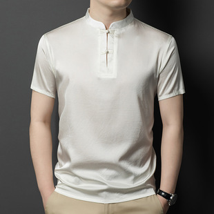 High-End Mulberry Silk Short-Sleeved T-Shirt Men's Chinese Style Small Stand-Up Collar Tang Suit Silk Middle-Aged Dad Half-Sleeved T-Shirt Summer