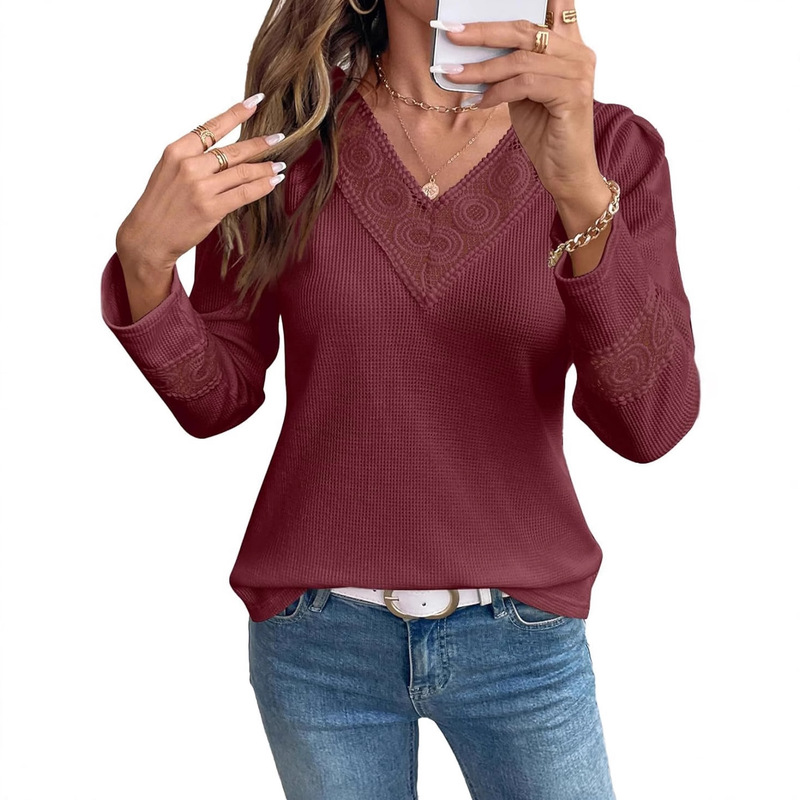 2025Shewin Women's Tops Dressy Casual V-Neck Waffle Knit Hollow Out Long Sleeve Shirt Lightweight Autumn