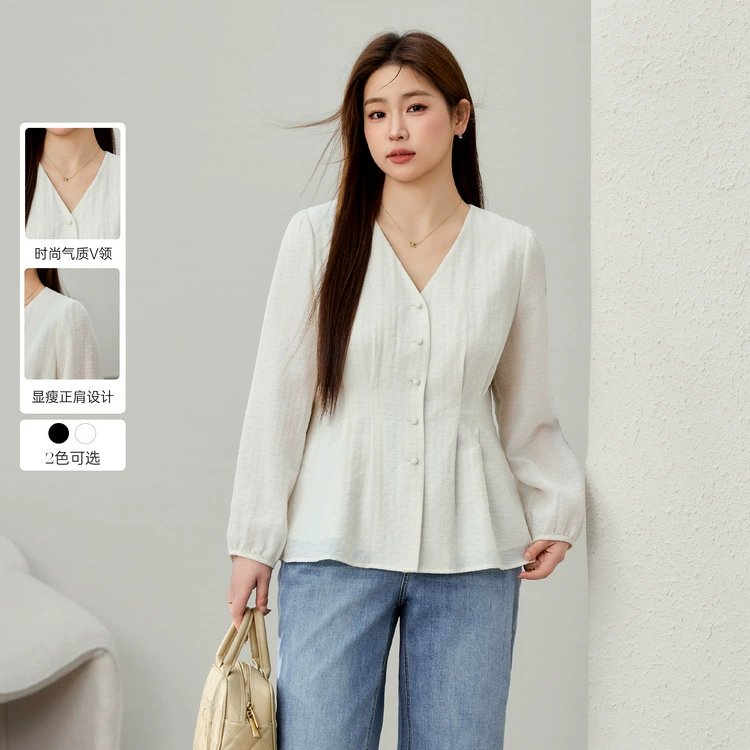 [Французский темперамент Жаккардовый темперамент V-образный вырез тонкая рубашка] Цветное шоу большой размер женский толстый mm2025 весенний новый