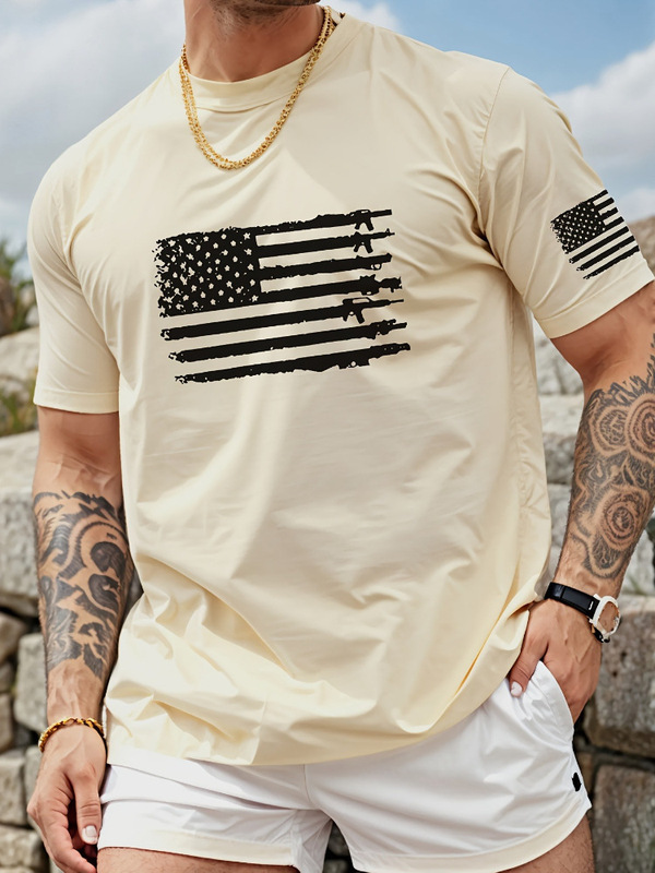 Mens Fashion Flag Print t Shirt Casual Round Neck Short Sleeve