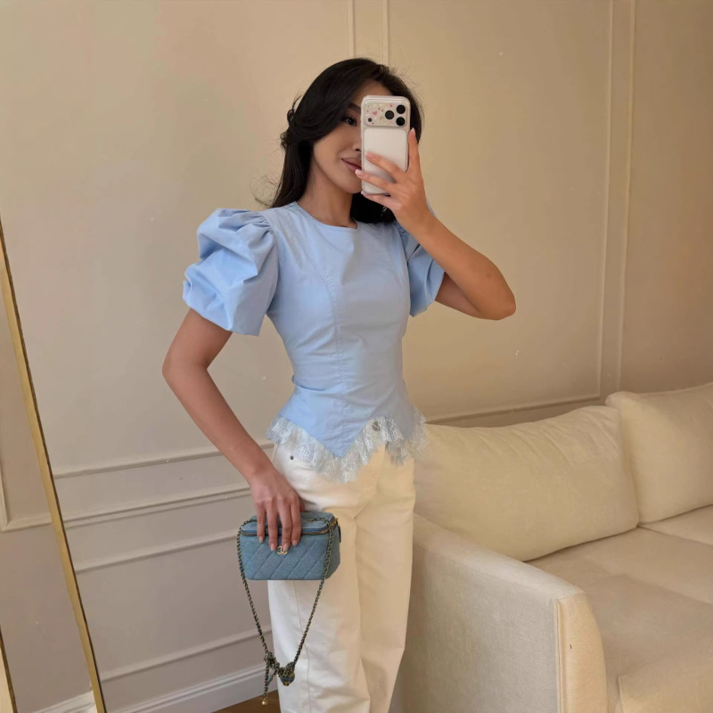 2026 New Style French Blue Lace Hem Short-Sleeve Shirt with a Stylish and Versatile Design, Wholesale Short-Sleeve Tops 2026 New Style French Blue Lace Hem Short-Sleeve Shirt with a Stylish and Versatile Design, Wholesale Short-Sleeve Tops