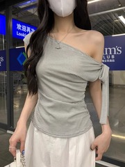 韩棉螺纹设计感撞色条纹斜肩绑带短袖T恤女夏季修身显瘦百搭上衣