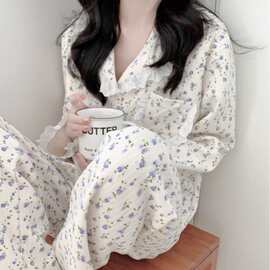 韩国ins女士秋冬新品睡衣女韩版小碎花花边加厚家居服睡衣套装女