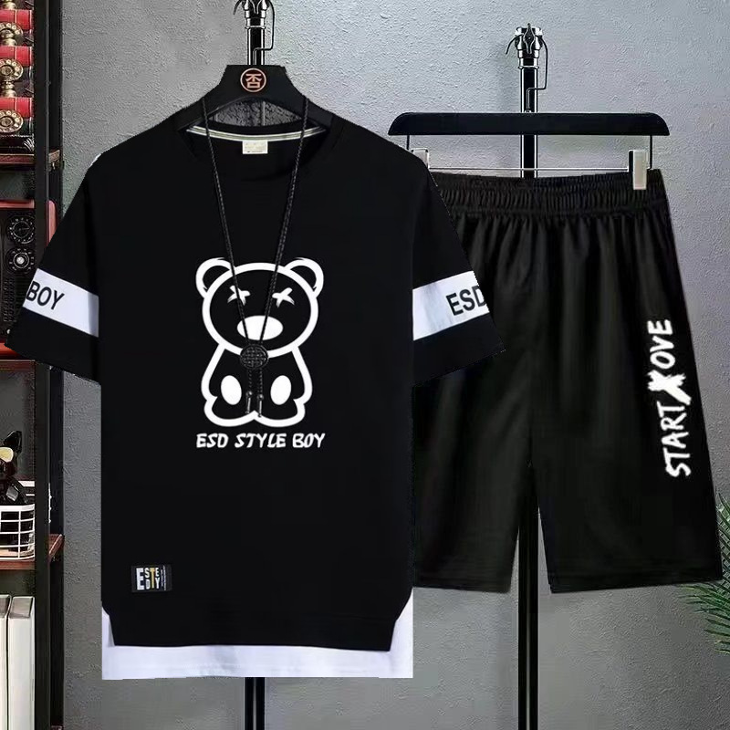 Verano estudiante juventud deportes pantalones cortos de dos piezas traje casual de los hombres de moda delgada Camiseta de manga corta comercio exterior