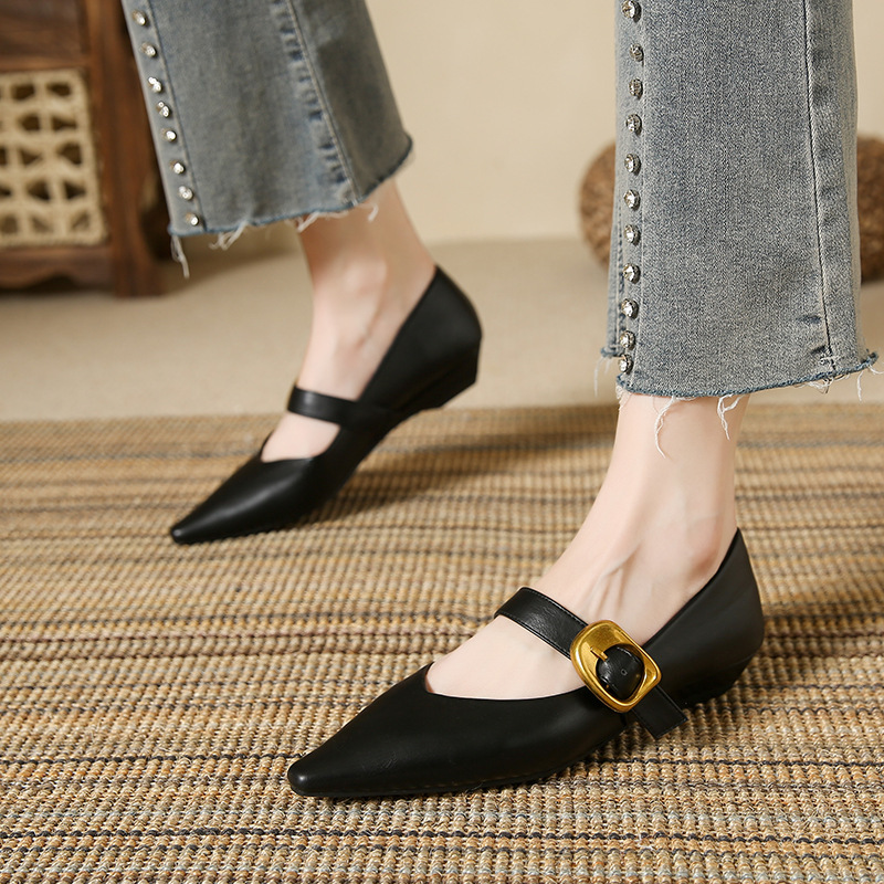 2026 Spring New Patent Leather Pointed-Toe Low-Heel Buckle Mary Jane Women's Shoes in Nude Color, Comfortable Fashion Flats