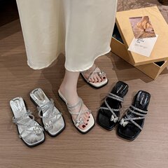 时尚坡跟水钻凉拖鞋女外穿2025年新款夏季仙女风凉鞋法式一字拖鞋