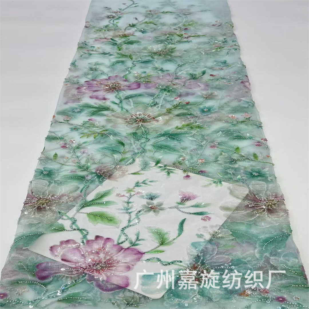 Viento nacional colorido impresión de plantas sequinilla tubo de perlas tela bordada cheongsam ropa nacional vestido de tela de bordado