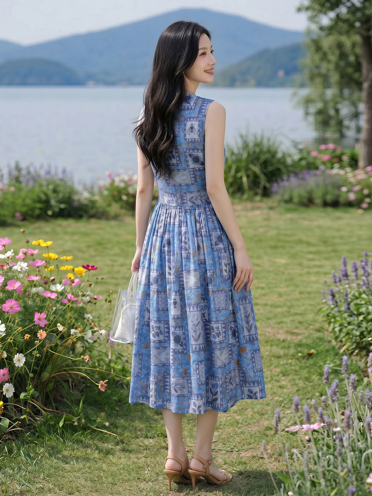 Đầm maxi nữ họa tiết hoa nhí không tay cổ tròn dáng suông thắt eo — Màu ảnh