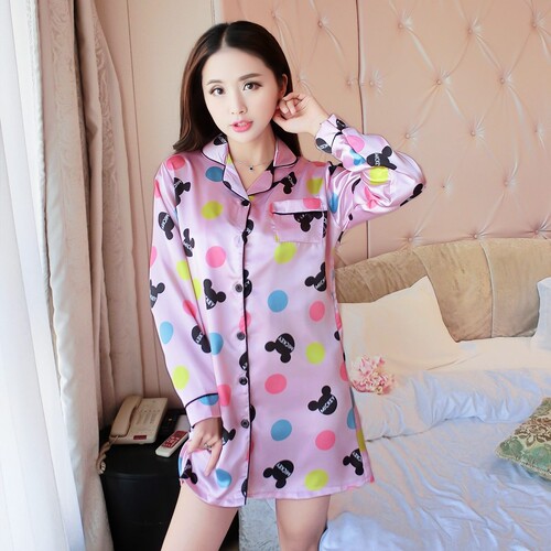 Spring and Autumn Long Sleeve Simulated Silk Pajama Shirt Sleepwear Ice Silk Cardigan Home Wear Women's Style Silk New Medium Length