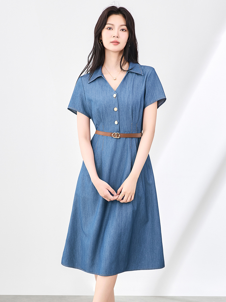 Váy liền denim sơ mi kiểu Pháp thắt eo thanh lịch — Màu xanh lam nhạt