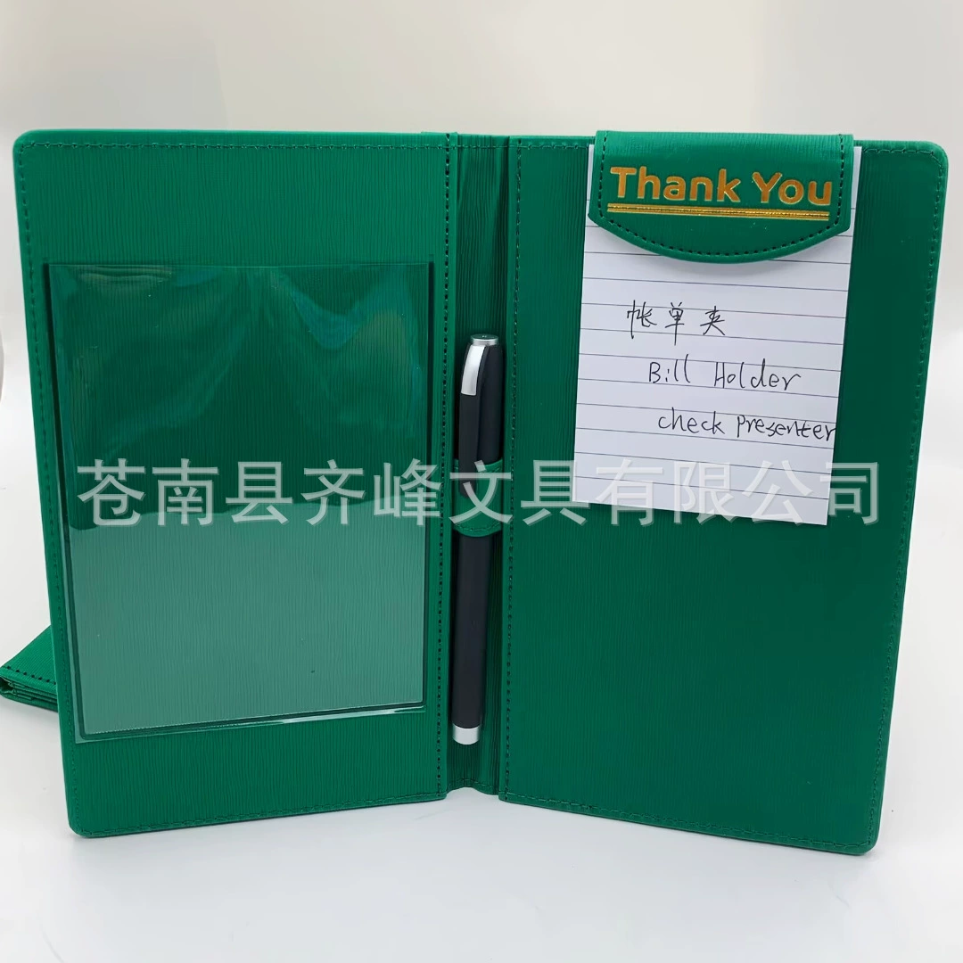 Индивидуальный двусторонний логотип с горячим тиснением, зеленый узор зубочистки, кожаный держатель для купюр A5, кожаный держатель для кассового ресторана с сильной магнитной пряжкой