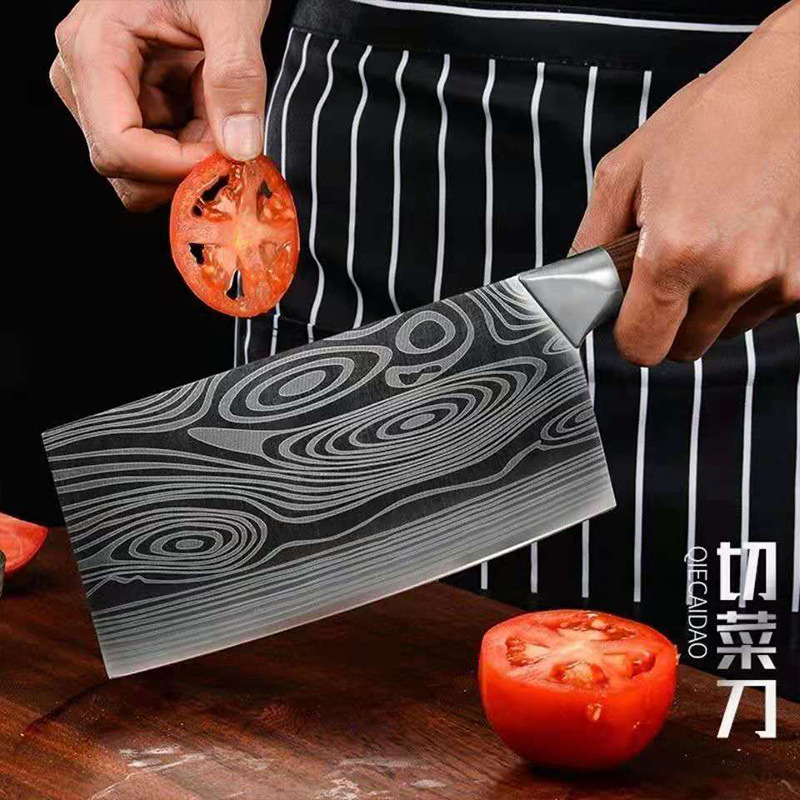 Fábrica en stock cubriendo Damasco hogar cocina cuchillo Acero inoxidable rebanar cortador de hueso imitación madera grano mango cortar cuchillo