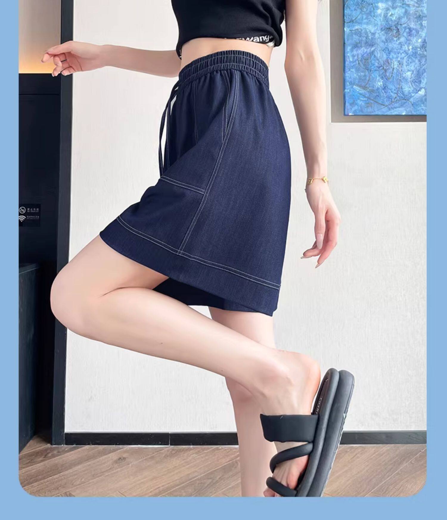 Quần short jean nữ lưng cao ống rộng chất liệu tơ tằm mát mẻ — màu xanh nhạt chi tiết 19
