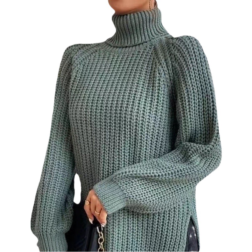 2023 otoño e invierno nuevo suéter de cuello alto transfronterizo manga raglán de longitud media solapa alta dividida ropa de mujer suave y cómoda