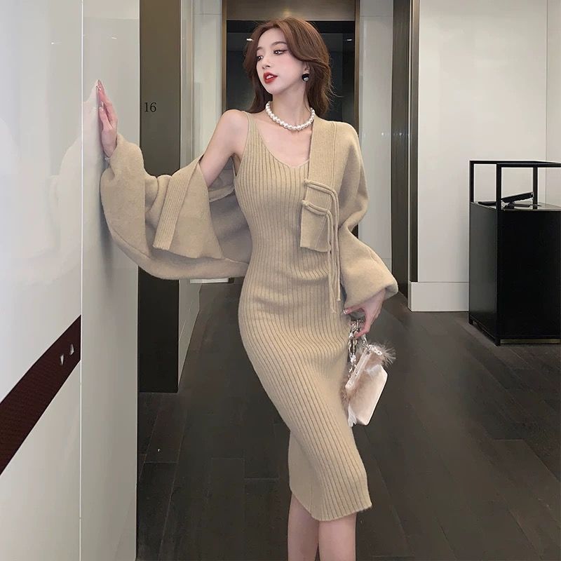 粉色针织吊带裙长款毛衣女2025秋冬新款针织内搭背心连衣裙两件套|undefined