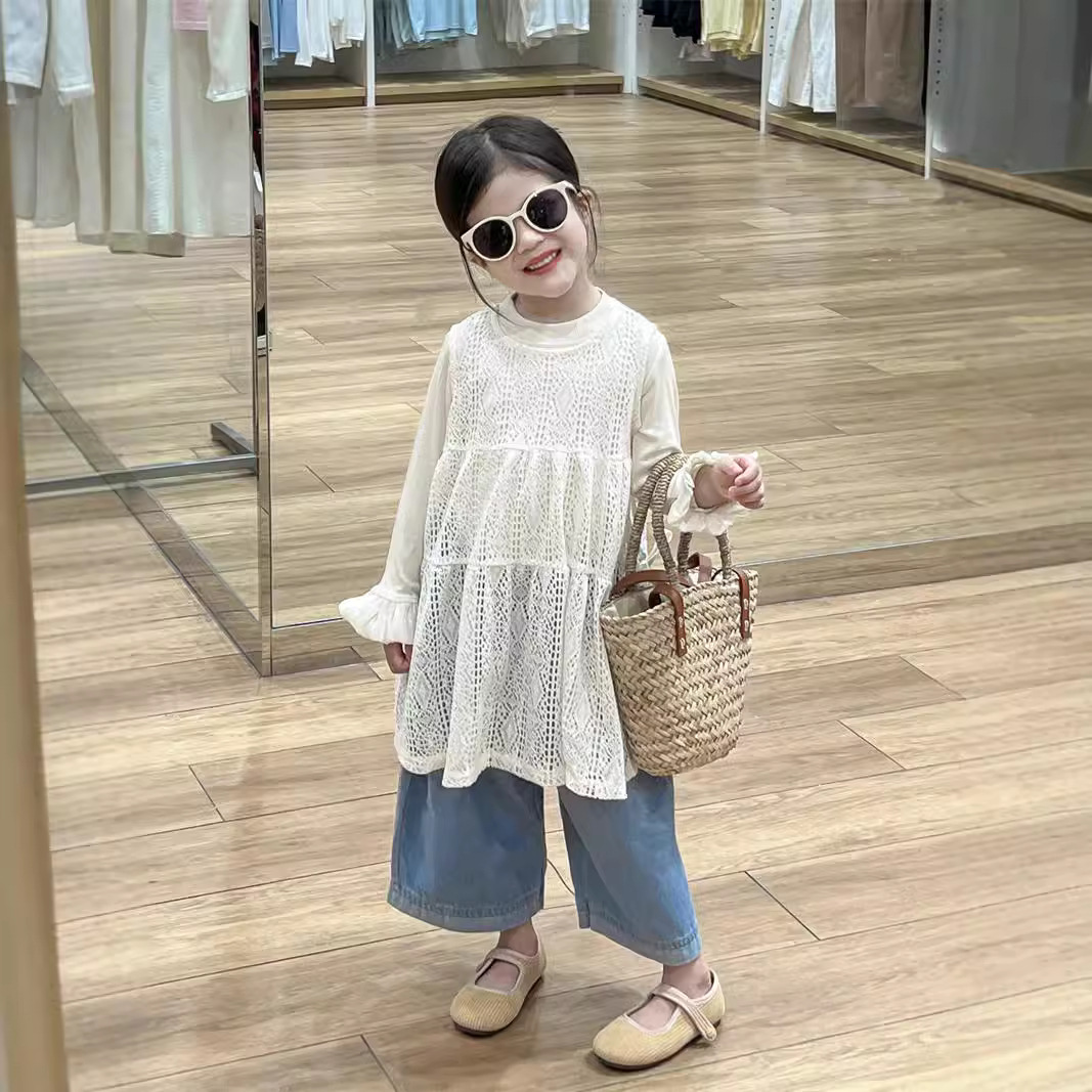 2026 Autumn New Korean Style Children's Clothing Sweet Hollow Out Layered Camisole Dress for Girls with Sheer Sleeves