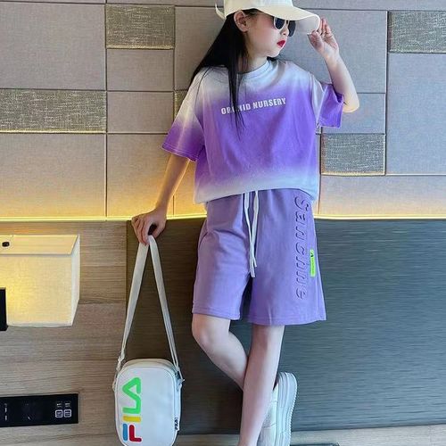 Girls summer tie-dye T-shirt five-quarter pants sports suit  new fashionable gradient two-piece set for big children and girls