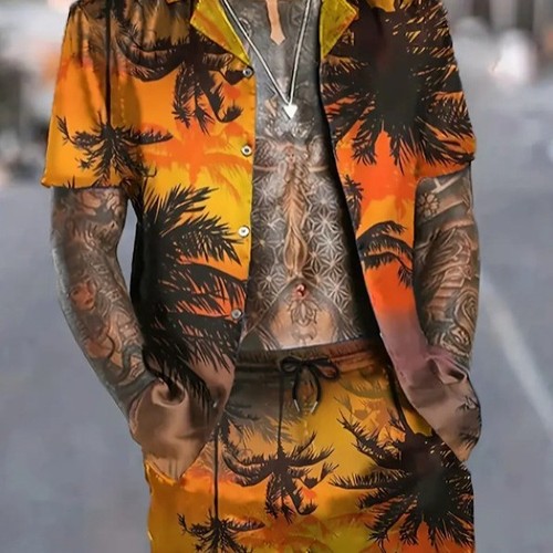 Trendy New Hawaii Cross-border Summer Men's Clothing Bestselling Versatile Collar Casual Short-sleeve Shirt and Shorts Set