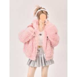 奶系穿搭短款粉色耳朵毛绒外套女冬季2023新款加厚羊羔毛棉服