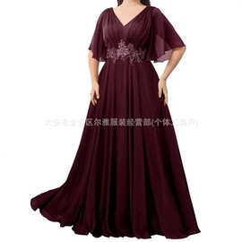 欧美风V领雪纺长款伴娘礼服收腰显瘦外贸晚礼服派对舞会主持人裙