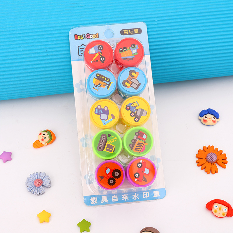 En stock vehículo de ingeniería de dibujos animados lindo sello infantil kindergarten recompensa juguete sello 10 Tarjeta de embalaje al por mayor