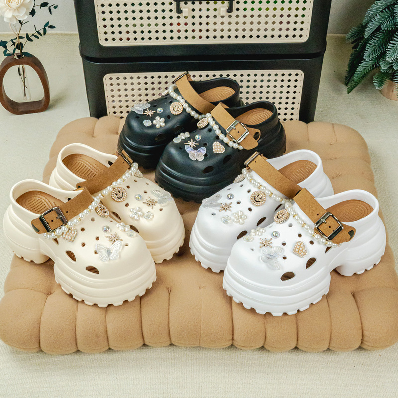 New Pearl Butterfly Smiley Face Fashion Height 10cm Fashion All-match Baotou Cave Shoes Women's Outer Wear Thick Sole Non-slip