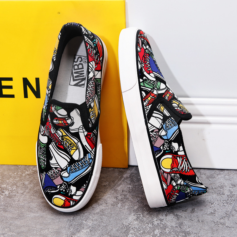 Graffiti Canvas Shoes Men's Low-Top Korean Style Youth Men's Shoes Slip-On Slip-Ons Men's Casual Shoes Trendyy Sneakers Zdd5