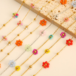 Cross-border fashion hot stainless steel flower anklet colorful temperament sweet small fresh color foot decoration color wholesale