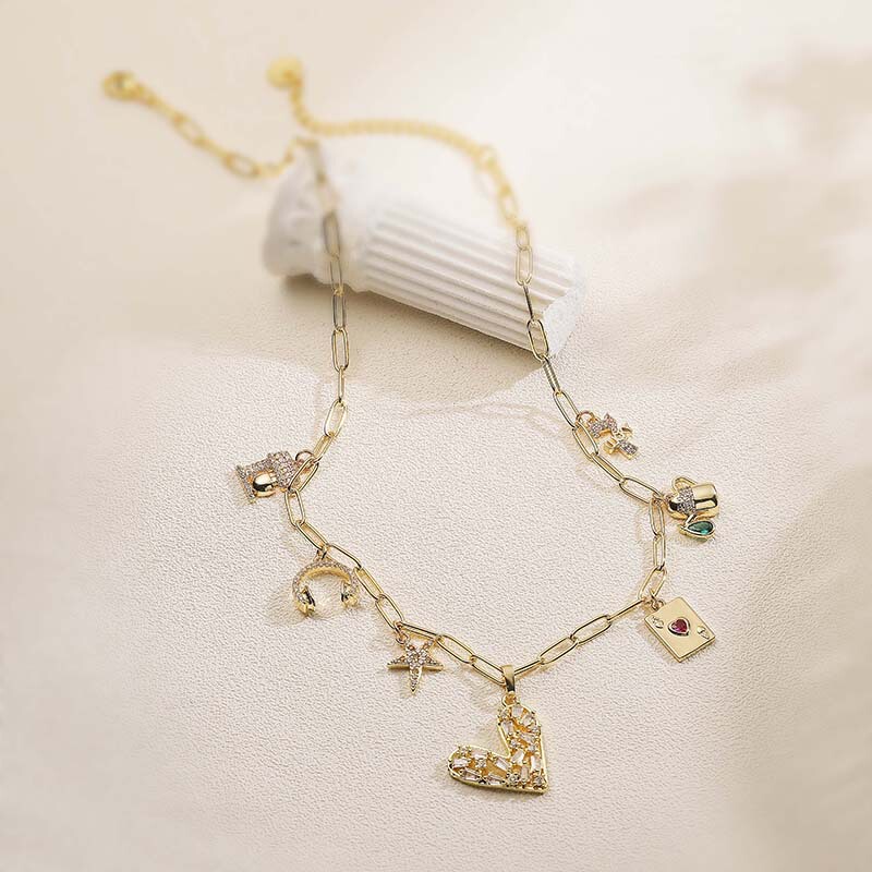 Niche Design Heart Card Star-Shaped Lucky Seven Pendant Splicing Necklace Exquisite Versatile Teapot Coffee Machine Necklace