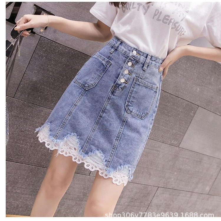 Denim Skirt# Summer 2024 New Korean Fashion Breasted Lace Stitching Lace High Waist Hip Skirt