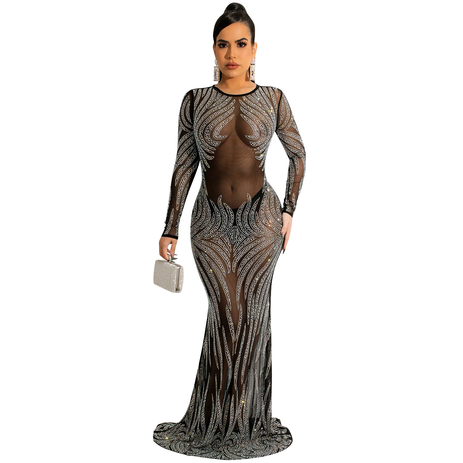 X5606 transfronterizo AliExpress Amazon club nocturno estilo sexy rhinestone malla perspectiva Vestido de manga larga vestido mujeres
