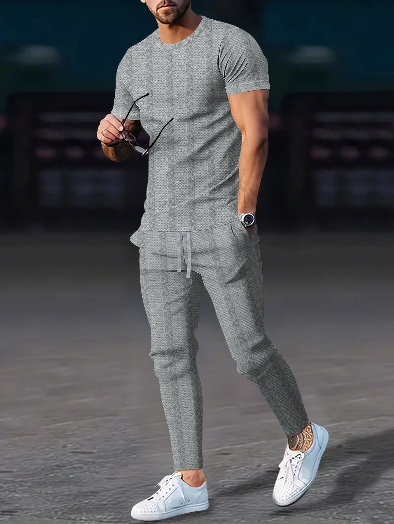 Men's Cable Knit Solid Color Jacquard Pullover Crew Neck Short Sleeve Trousers Casual Suit American Style Autumn New_viptrois.com