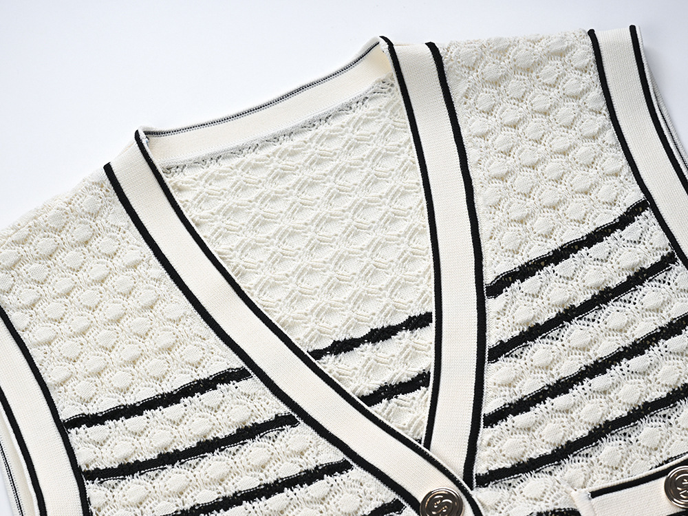 Women's Clothing Spring Summer Women's Sleeveless Long Knit Dress French Style Openwork Color Block Striped V Neck Elegant Bestseller_ecoleips.com